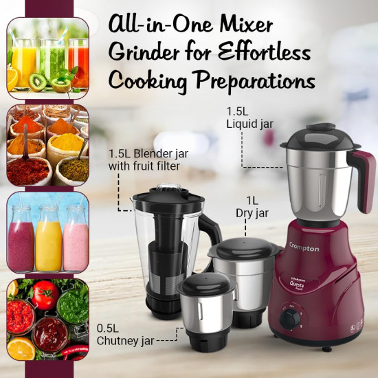 Crompton QUESTA ROYALX 750-Watt Mixer Grinder with Powertron Motor Motor Vent-X Technology 3 Stainless Steel Jars 15L Blender Jar with Fruit Filter Beetroot