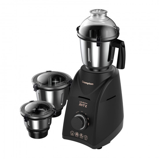 Crompton Ritz 750-Watt Mixer Grinder with Anti-Bacteria Anti-Odour N9 Plastix Technology 3 Stainless Steel Jars Matte Black ACGM-RITZ