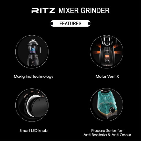 Crompton Ritz 750-Watt Mixer Grinder with Anti-Bacteria Anti-Odour N9 Plastix Technology 3 Stainless Steel Jars Matte Black ACGM-RITZ