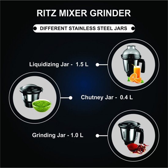 Crompton Ritz 750-Watt Mixer Grinder with Anti-Bacteria Anti-Odour N9 Plastix Technology 3 Stainless Steel Jars Matte Black ACGM-RITZ