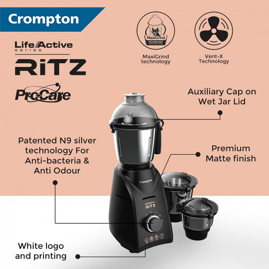Crompton Ritz 750-Watt Mixer Grinder with Anti-Bacteria Anti-Odour N9 Plastix Technology 3 Stainless Steel Jars Matte Black ACGM-RITZ