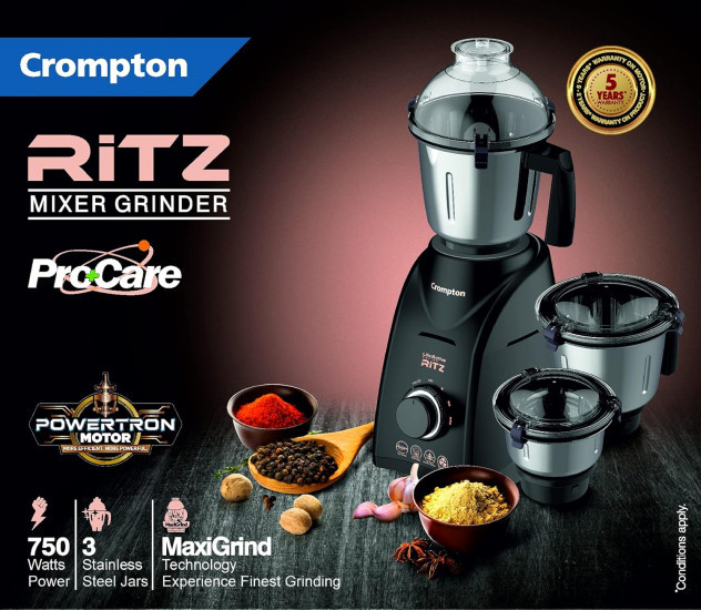 Crompton Ritz 750-Watt Mixer Grinder with Anti-Bacteria Anti-Odour N9 Plastix Technology 3 Stainless Steel Jars Matte Black ACGM-RITZ
