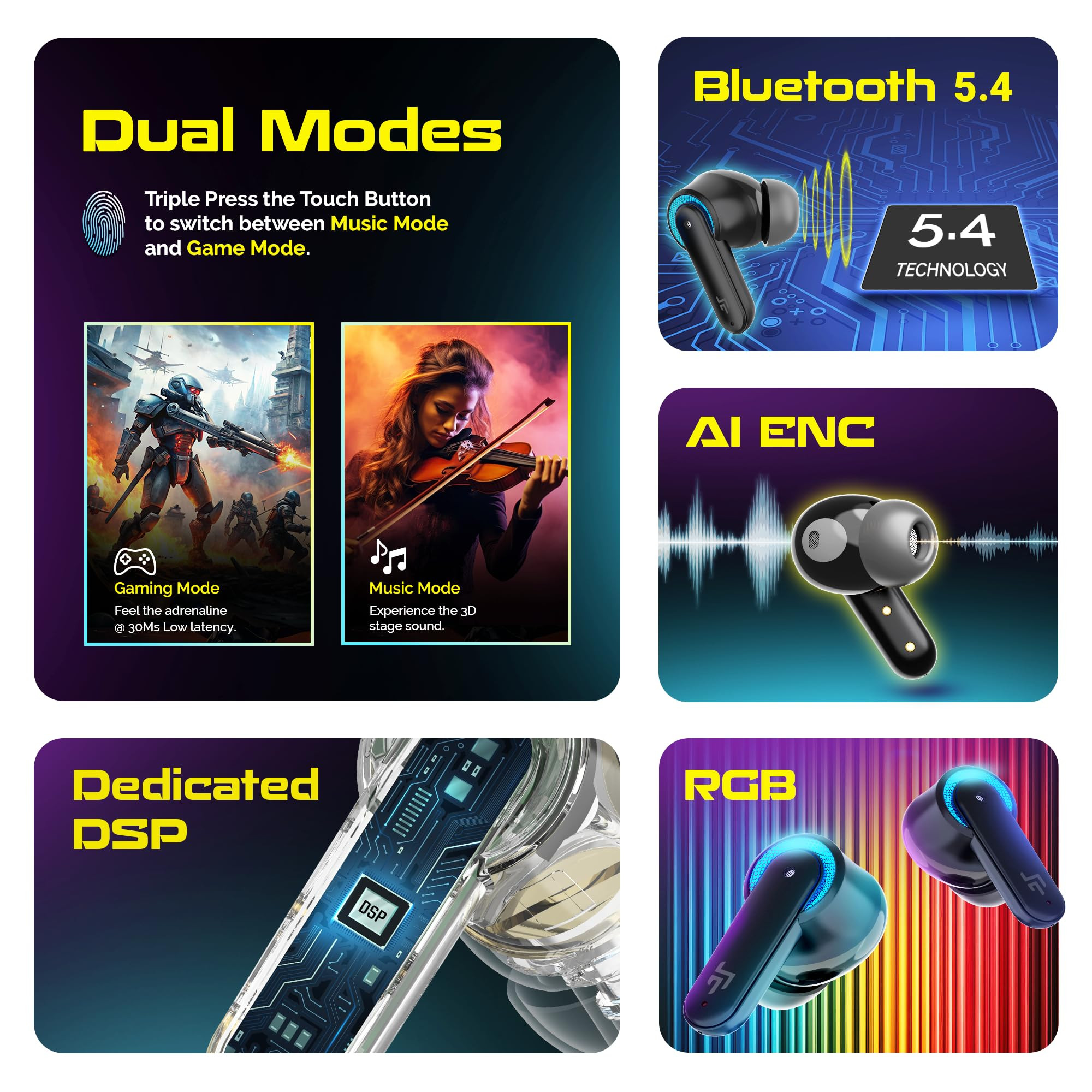 CrossBeats Fury Max Gaming TWS in-Ear Buds 100hr Playtime Bluetooth Earphones RGB Lights BT v54 30ms Low Latency 360 Spatial Audio 3D Sound Stage 6 mics AI ENC Dual EQ ModesBlack