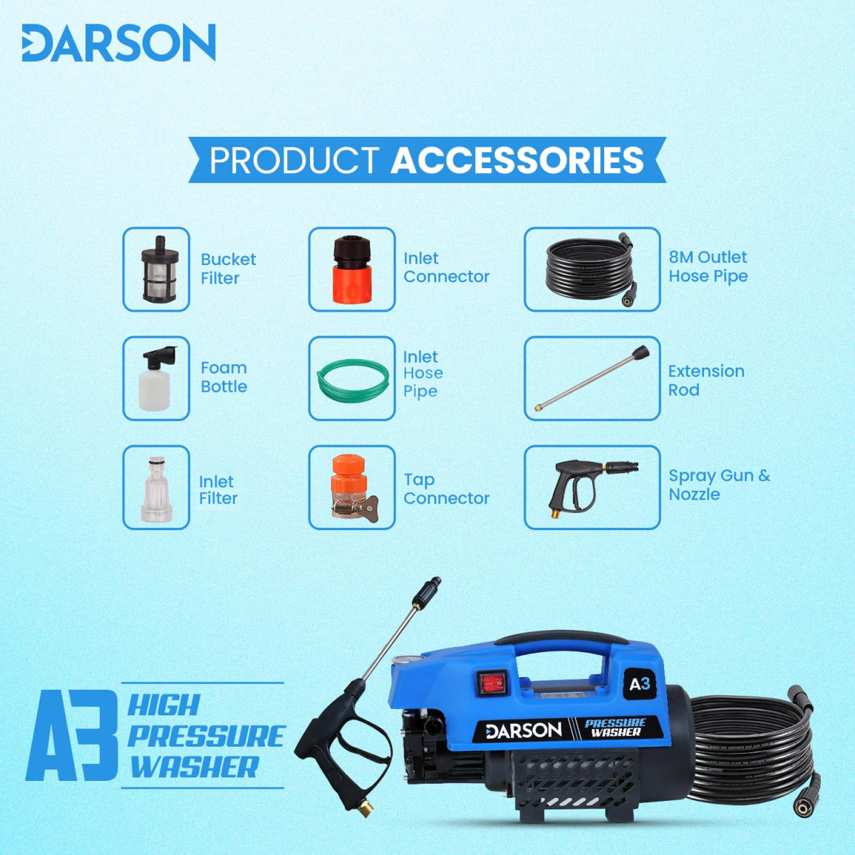 Darson A3 High Pressure Washer Car Washer Machine 2100 Watts 160 Bars 8LMin Flow Rate 8 Meters Outlet Hose Pipe Portable for Car Bike Home Cleaning
