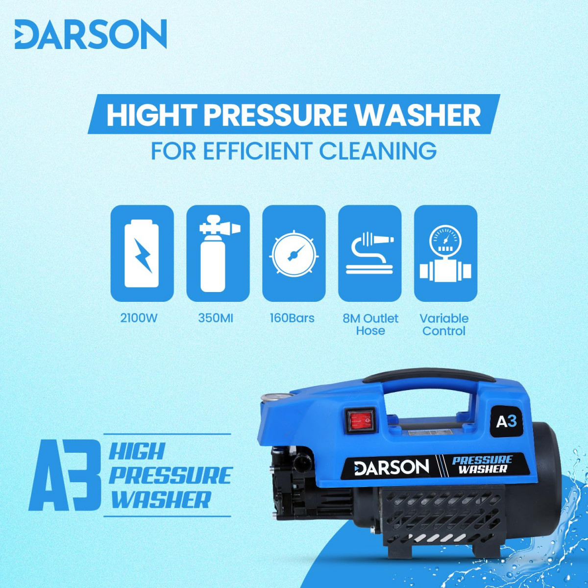 Darson A3 High Pressure Washer Car Washer Machine 2100 Watts 160 Bars 8LMin Flow Rate 8 Meters Outlet Hose Pipe Portable for Car Bike Home Cleaning