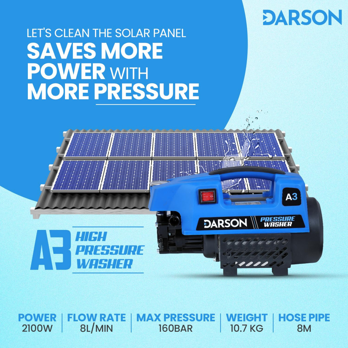 Darson A3 High Pressure Washer Car Washer Machine 2100 Watts 160 Bars 8LMin Flow Rate 8 Meters Outlet Hose Pipe Portable for Car Bike Home Cleaning