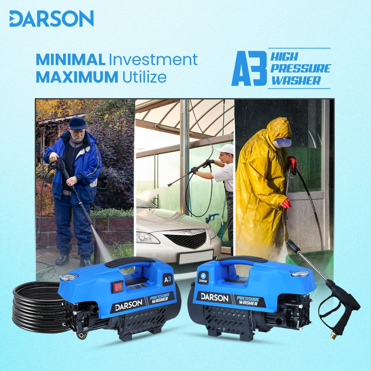 Darson A3 High Pressure Washer Car Washer Machine 2100 Watts 160 Bars 8LMin Flow Rate 8 Meters Outlet Hose Pipe Portable for Car Bike Home Cleaning