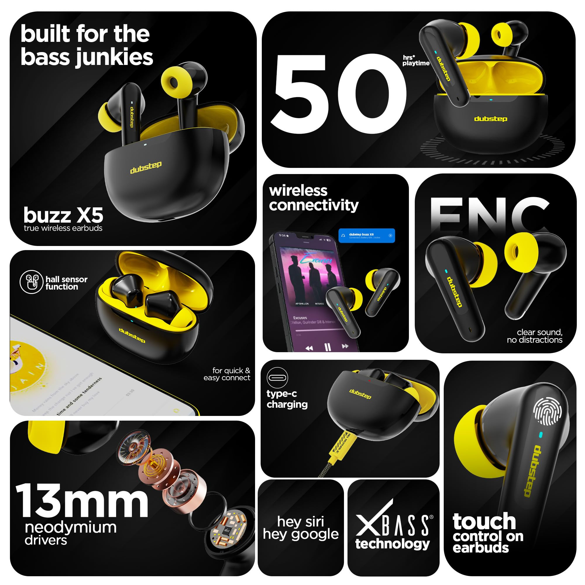 Dubstep Buzz X5 in-Ear Wireless Earbuds with Upto 50 hrs Playtime 13mm Dynamic Drivers X-Bass Technology ENC Clear Calls TWS Earbuds Bluetooth V53 Earphones Type-C Fast Charging BlackYellow