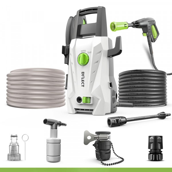 Image of DYLECT Ultra Flow High Pressure Car Washer Pump, 1400 Watts Power Saver Motor, 120 Bars Pressure, 6.5L/Min Flow Rate, 5m Outlet Hose, Upright Design for Bike and Home Cleaning, Includes 10 Accessories