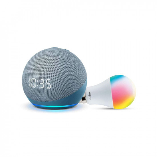 Echo Dot 4th Gen Blue with clock combo with Wipro 9W LED smart color Bulb