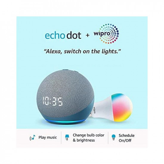 Echo Dot 4th Gen Blue with clock combo with Wipro 9W LED smart color Bulb