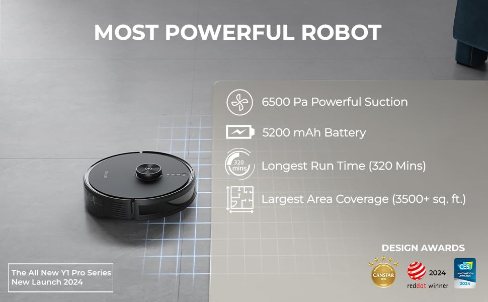 ECOVACS Deebot Y1 PRO 2-in-1 Robot Vacuum Cleaner 2024 New Launch 6500 Pa Powerful Suction 5200 mAh Battery Covers 3500 Sq Ft in One Charge Advanced Navigation Technology True Mapping