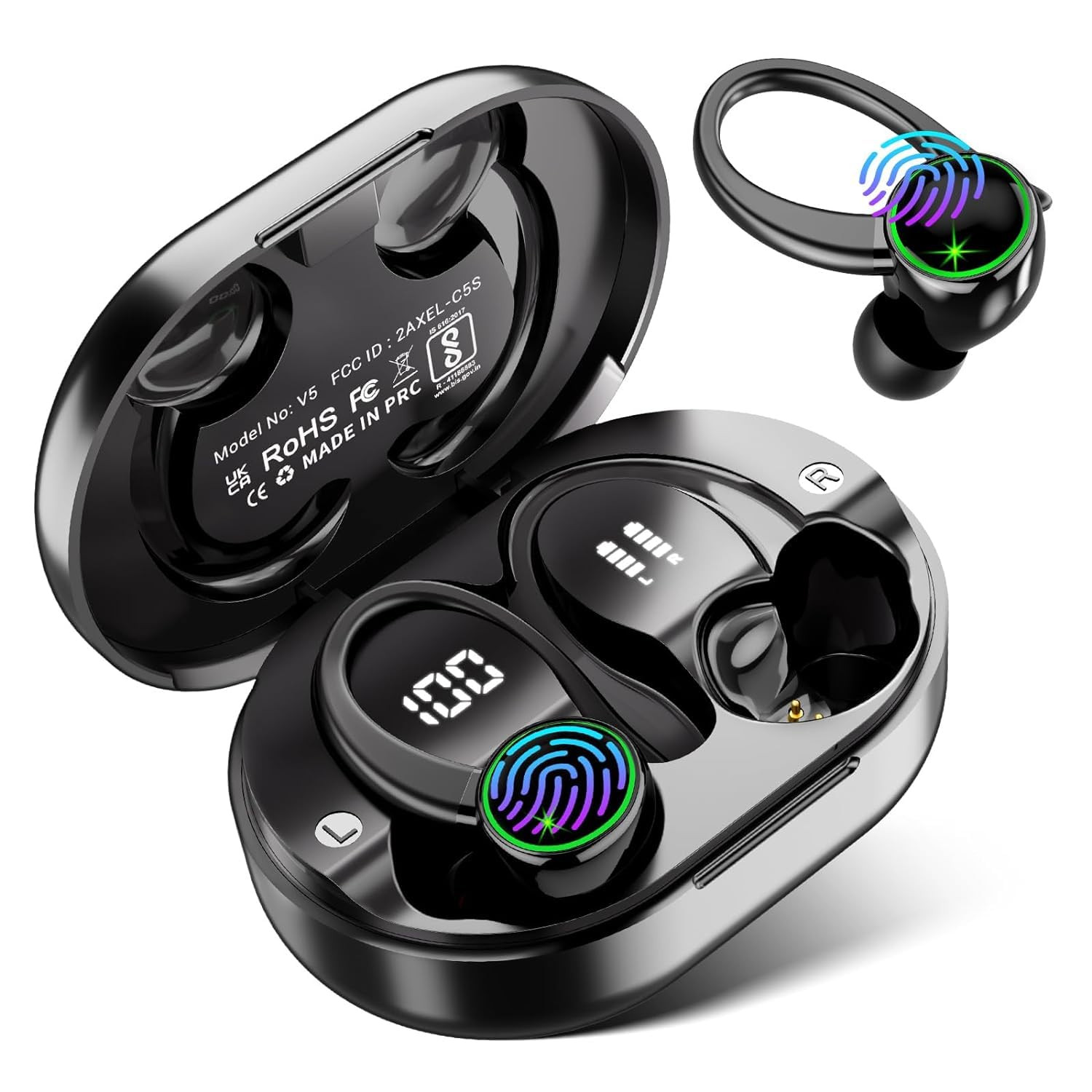 EDYELL Bluetooth in Ear Earphones with Earhooks Wireless Earbuds with Noise Cancelling Mic 50H Playback BT53 Headphones Touch Control IPX7 Waterproof Fitness Headset for Sports RunningV5-Black