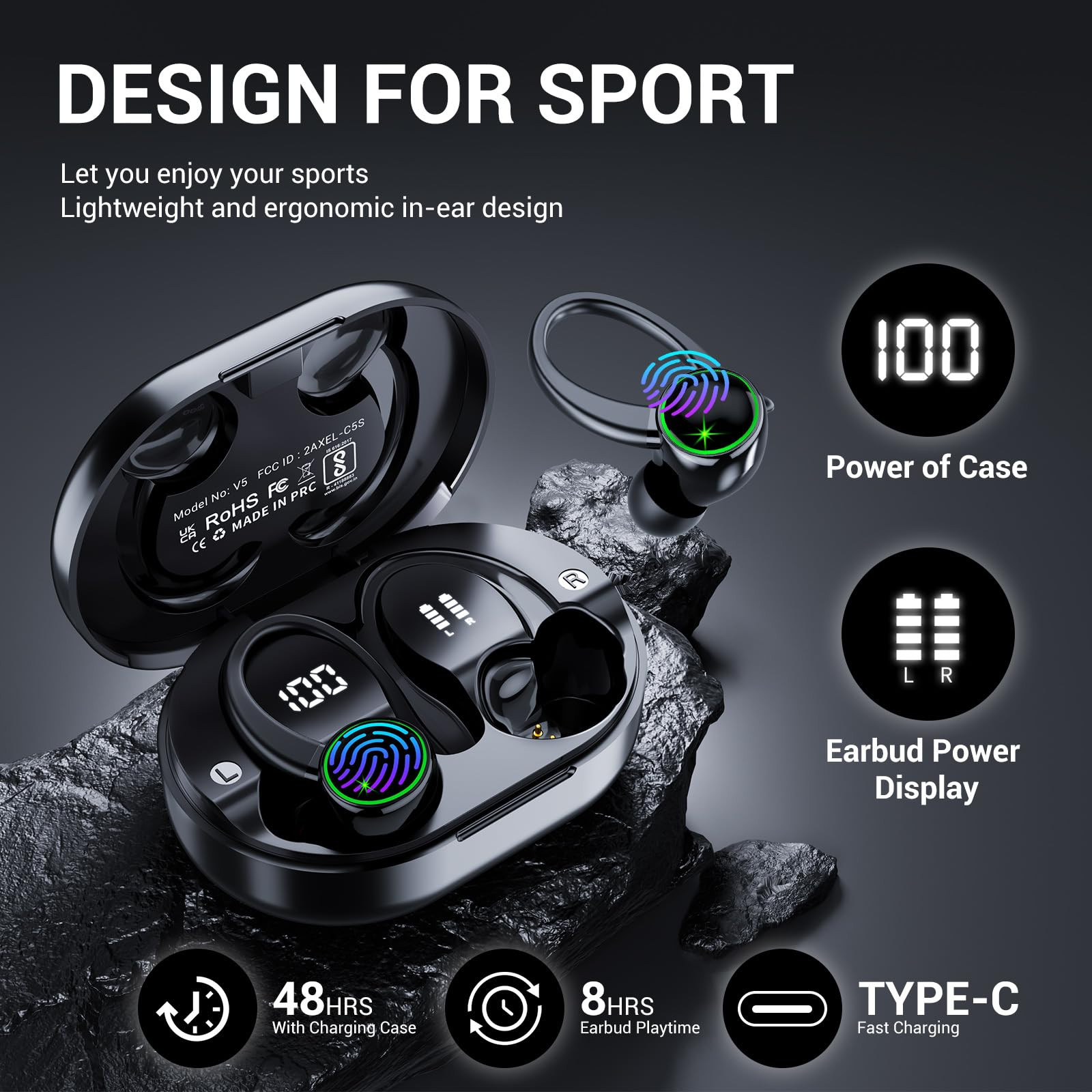 EDYELL Bluetooth in Ear Earphones with Earhooks Wireless Earbuds with Noise Cancelling Mic 50H Playback BT53 Headphones Touch Control IPX7 Waterproof Fitness Headset for Sports RunningV5-Black