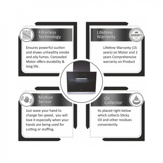 Elica 60 cm 1200 m3hr Filterless Kitchen Chimney with 15 Years Warranty EFL-S607 LTW VMS Motion Sensor Control Black
