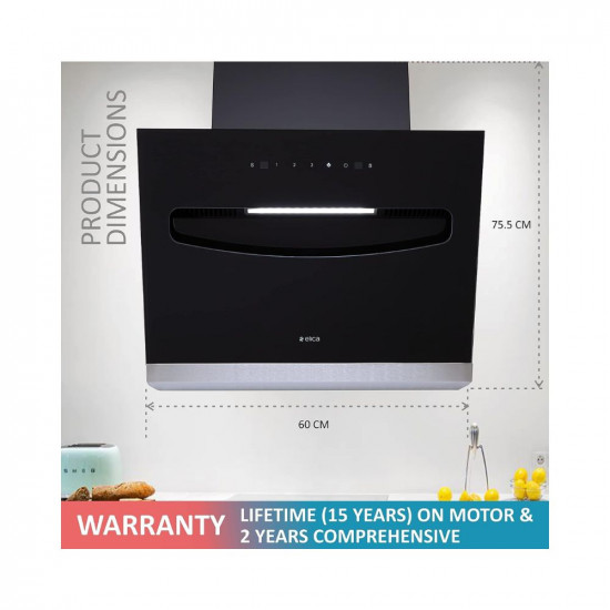 Elica 60 cm 1200 m3hr Filterless Kitchen Chimney with 15 Years Warranty EFL-S607 LTW VMS Motion Sensor Control Black