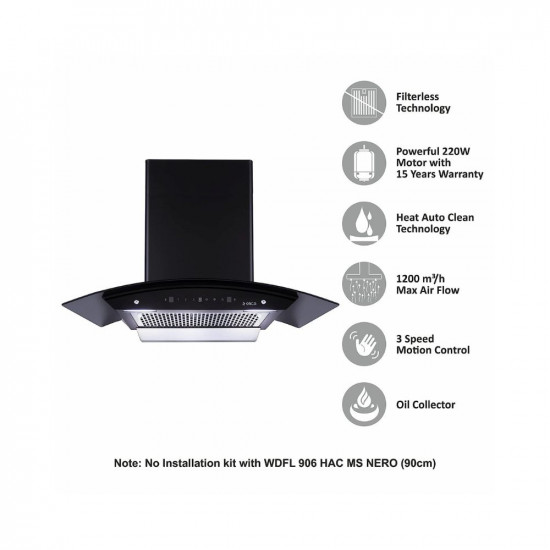 Elica 90 cm 1200 m3 hr Filterless Auto Clean Chimney with 15 Years Warranty WDFL 906 HAC LTW MS NERO
