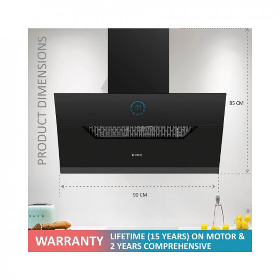 Elica 90 cm 1350 m3hr Filterless Auto Clean Angular Chimney with 15 Years Warranty EFL 107 HAC LTW VMS 90 Touch Palm Sensor Control Black