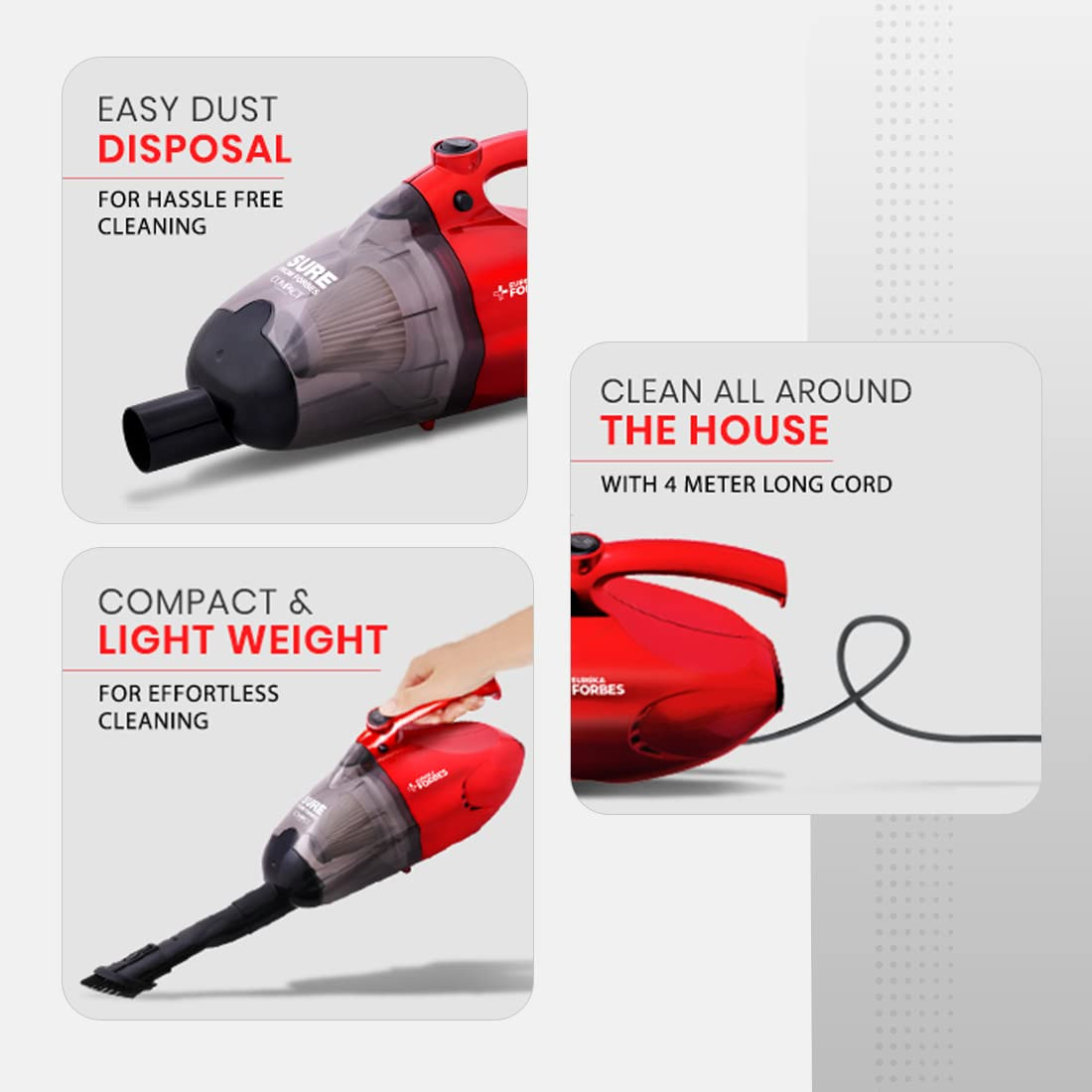 Eureka Forbes Compact 700 Watts Powerful Suction Blower Vacuum Cleaner with Washable HEPA Filter 6 AccessoriesCompact1 Year WarrantyLight Weight Easy to use Red Black