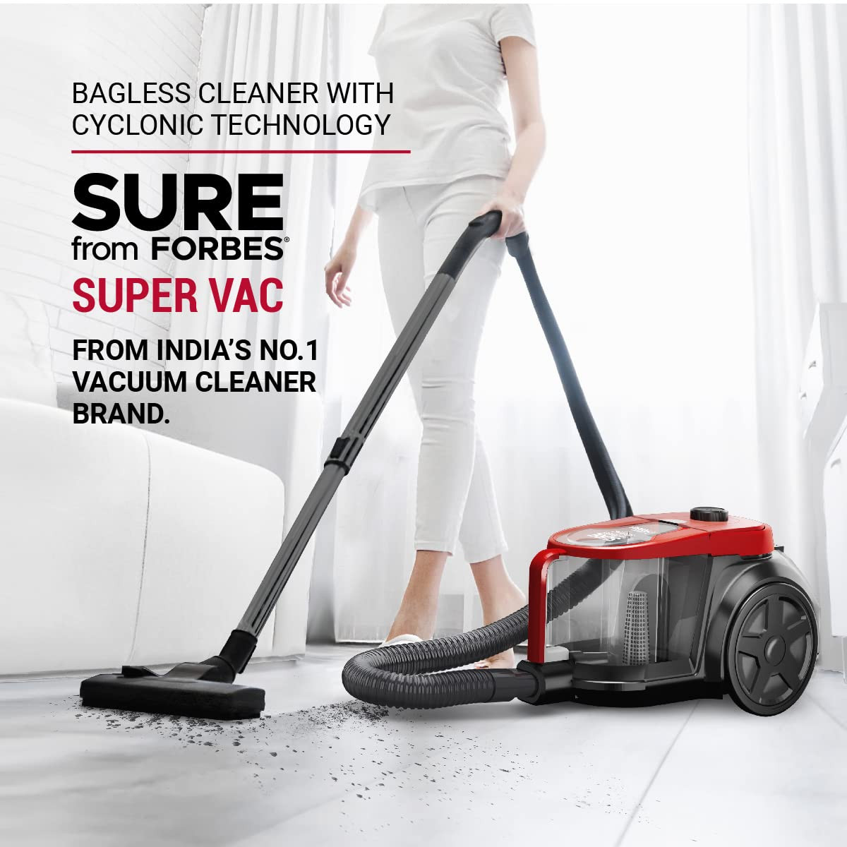 Eureka Forbes SuperVac 1600 Watts Powerful Suctionbagless Vacuum Cleaner with cyclonic Technology7 Accessories1 Year WarrantyCompactLightweight Easy to use Red 1 liter HEPA Filter 1 piece