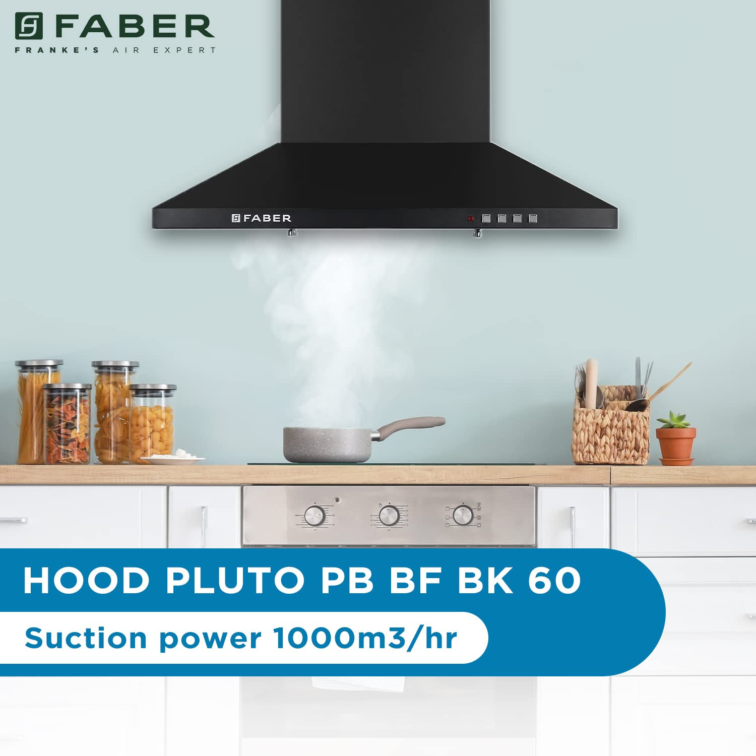 Faber 60 cm 1000 mhr Kitchen Chimney HOOD PLUTO PB BF BK 60 Baffle Filter Push Button Black Free 1 Year Extended warranty