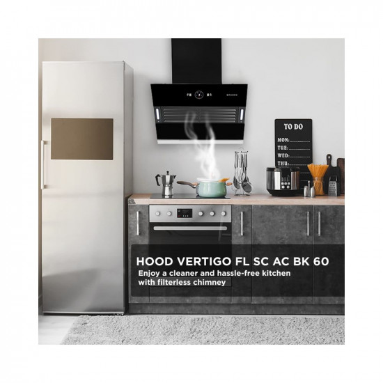 Faber 60 cm 1200 m3hr Slant Filterless Auto Clean Chimney 12Yr Warranty on Motor2Yr Comprehensive Italian Design HOOD VERTIGO FL SC AC BK 60 Touch Gesture Control Black