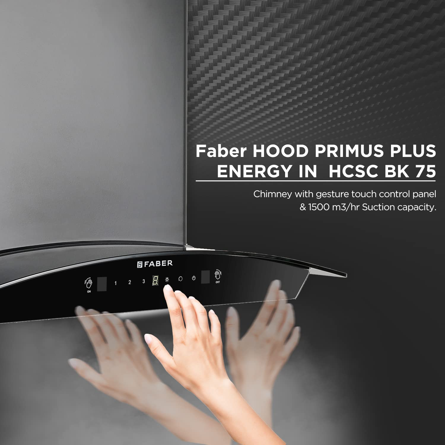 Faber 75 cm 1500 mhr Autoclean Curved Shape Kitchen Chimney  12 years warranty on motor  HOOD PRIMUS PLUS ENERGY IN HCSC BK 75 with SS Baffle Filter