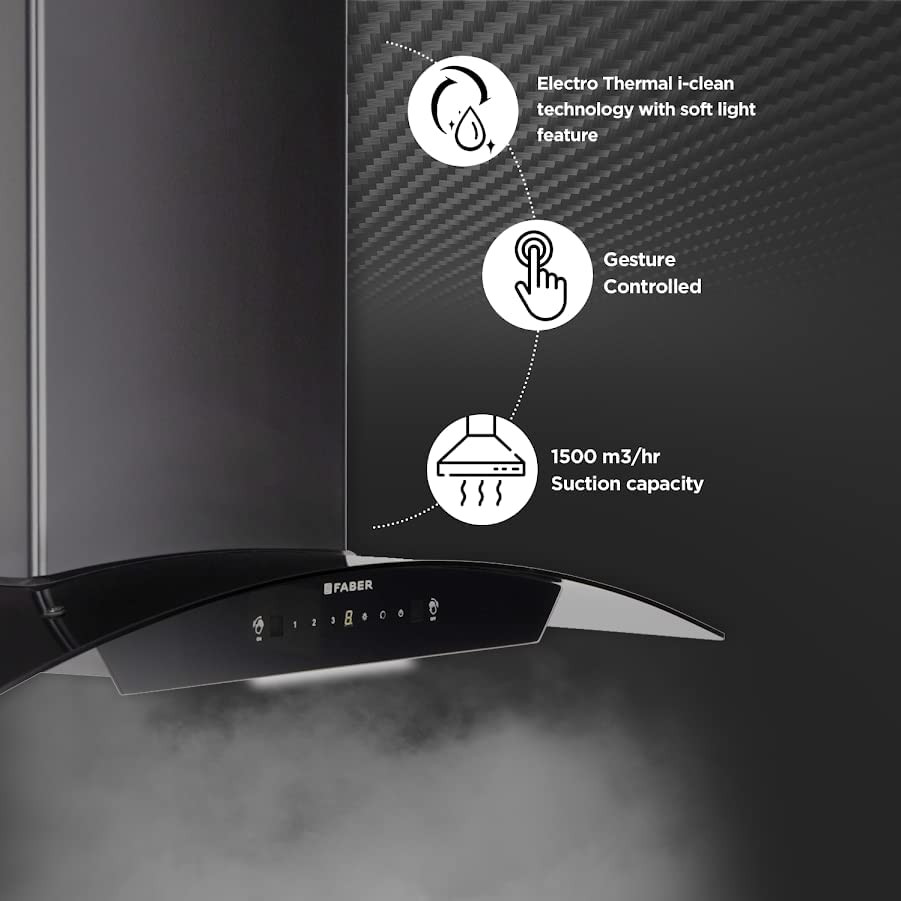 Faber 75 cm 1500 mhr Autoclean Curved Shape Kitchen Chimney  12 years warranty on motor  HOOD PRIMUS PLUS ENERGY IN HCSC BK 75 with SS Baffle Filter