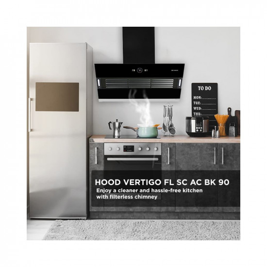 Faber 90 cm 1200 m3hr Slant Filterless Auto Clean Chimney 12Yr Warranty on Motor2Yr Comprehensive Italian Design HOOD VERTIGO FL SC AC BK 90 Touch Gesture Control Black