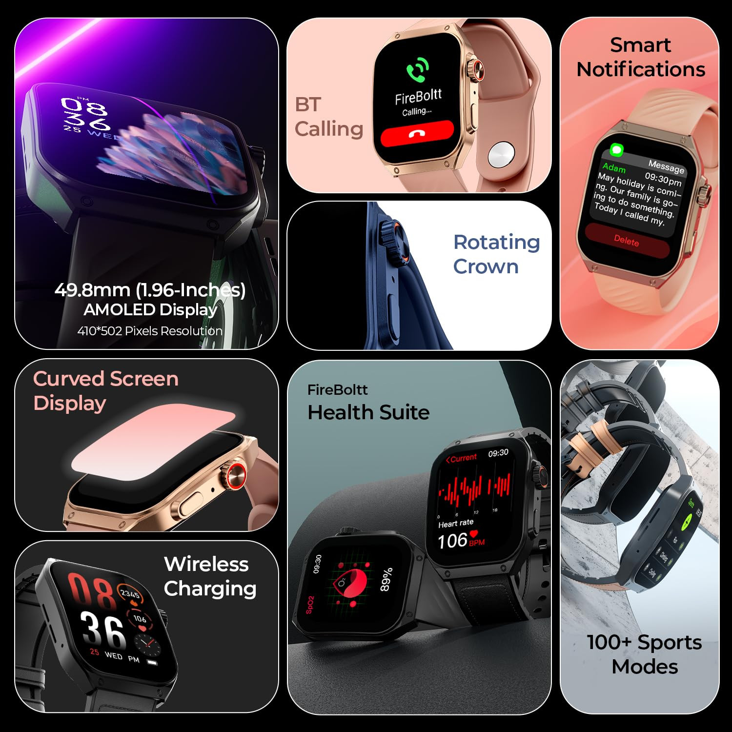 Fire-Boltt ARC 498mm 196 inch AMOLED Always On Curved Display Smart Watch Bluetooth Calling Wireless Charging 100 Sports Modes Water-Resistant 100 Cloud Watch Faces Black