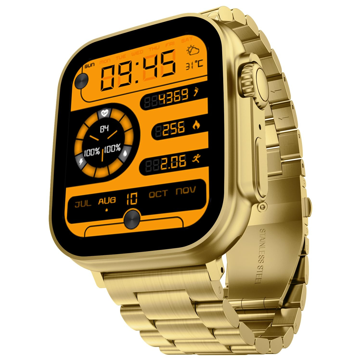 Fire-Boltt Gladiator 196 Biggest Display Luxury Stainless Steel Smart Watch with Bluetooth Calling Voice Assistant 123 Sports Modes 8 Unique UI Interactions 247 Heart Rate Tracking Gold