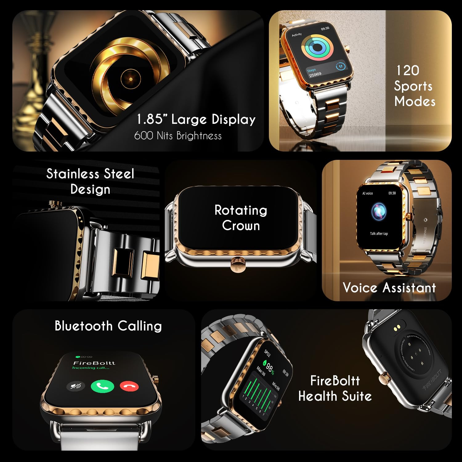 Fire-Boltt Jewel Luxury Stainless Steel Smart Watch with a 185 Display Boasting 320x386 Resolution and 600 NITS Brightness 60 HZ Refresh Rate 120 Sports Modes IP67 Rating Rose Gold