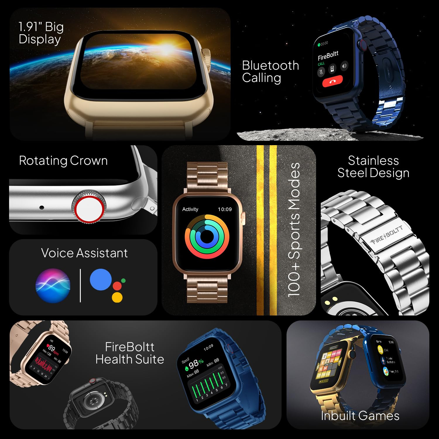 Fire-Boltt Lumos Stainless Steel Luxury Smart Watch with 191 Large Display Bluetooth Calling Voice Assistant 100 Sports Modes