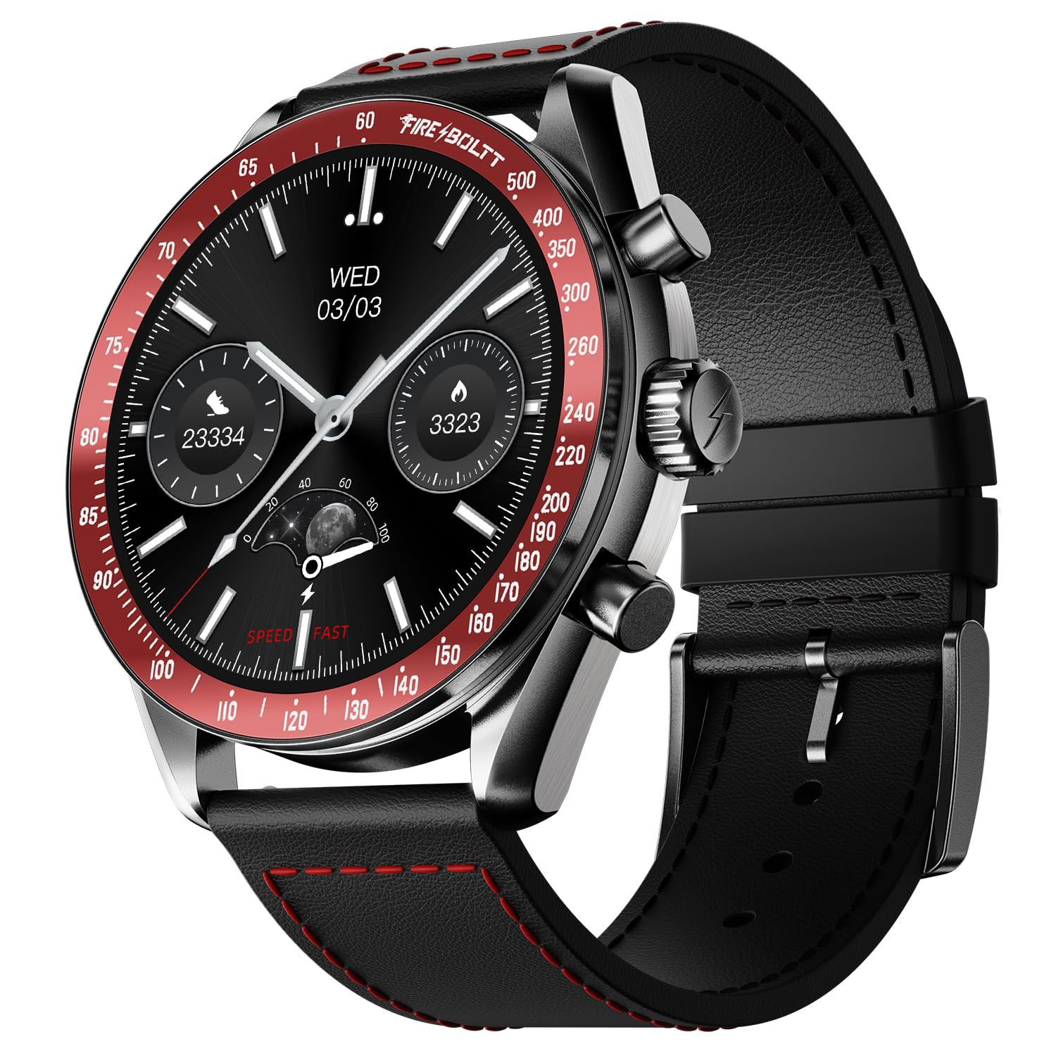 Fire-Boltt Moonwatch 363mm 143 inch AMOLED Display Wireless Charging Metallic Frame Premium Leather Straps Complete Health Suite Bluetooth Calling Sports Modes Black L