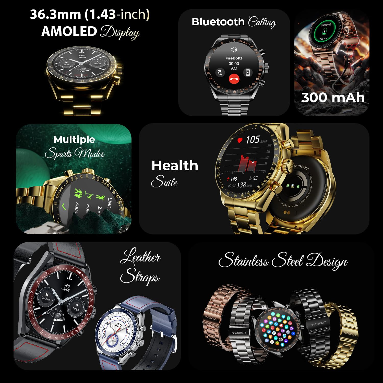 Fire-Boltt Moonwatch 363mm 143 inch AMOLED Display Wireless Charging Metallic Frame Premium Leather Straps Complete Health Suite Bluetooth Calling Sports Modes Black L