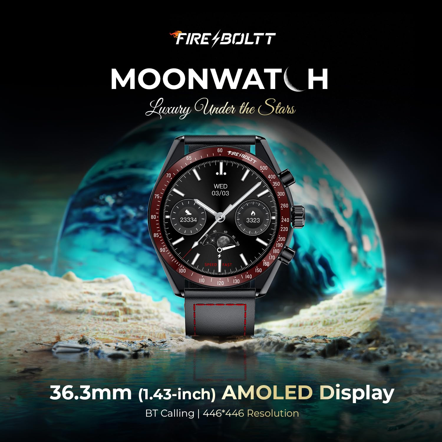 Fire-Boltt Moonwatch 363mm 143 inch AMOLED Display Wireless Charging Metallic Frame Premium Leather Straps Complete Health Suite Bluetooth Calling Sports Modes Black L