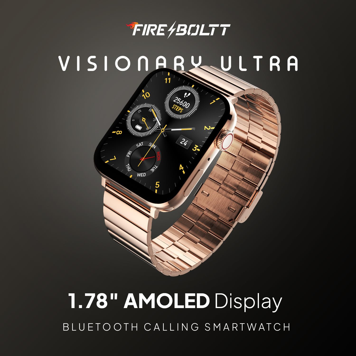 Fire-Boltt Visionary Ultra 178 AMOLED Stainless Steel Luxury Smart Watch Bluetooth Calling with Rotating Crown 100 Sports Mode TWS Connection Gold