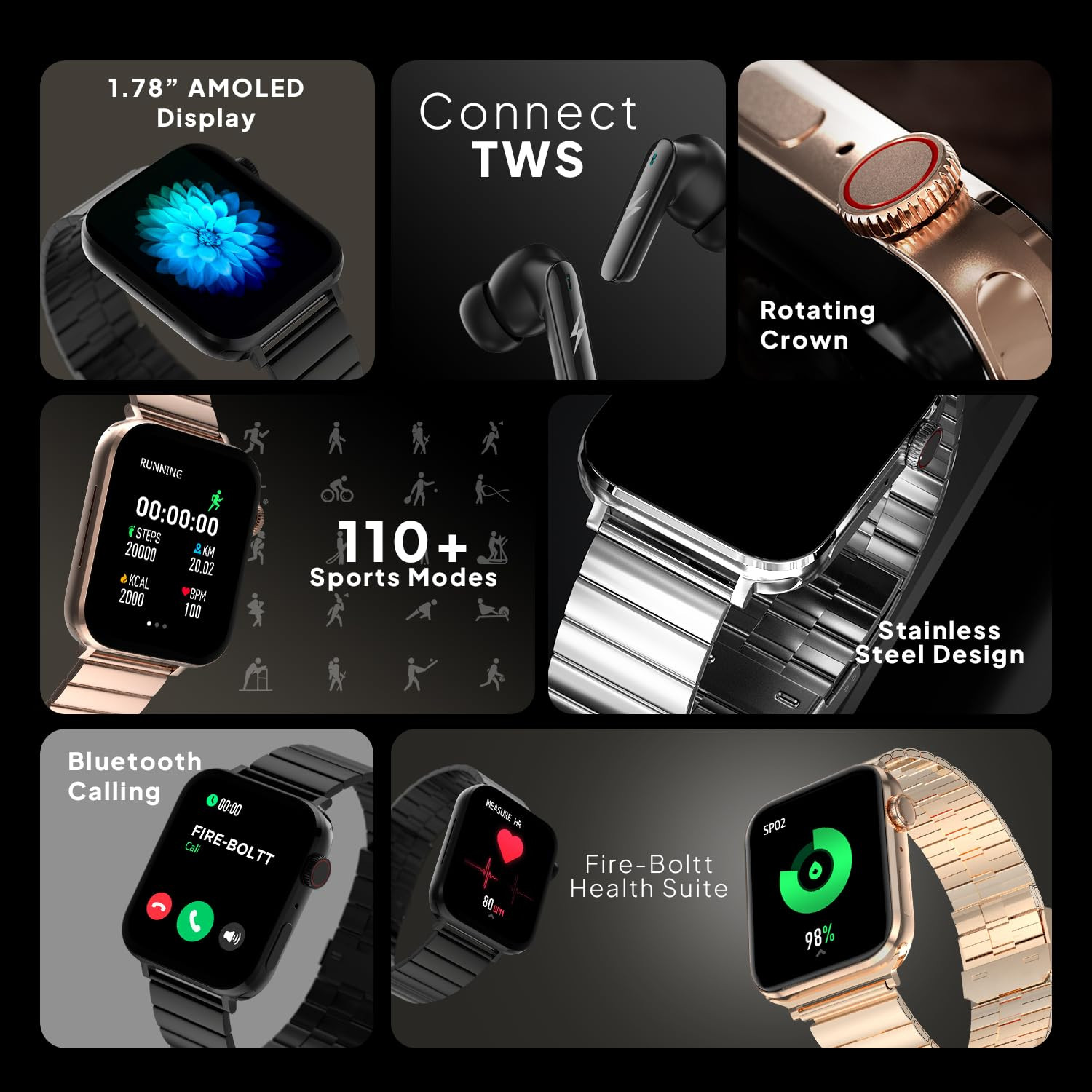 Fire-Boltt Visionary Ultra 178 AMOLED Stainless Steel Luxury Smart Watch Bluetooth Calling with Rotating Crown 100 Sports Mode TWS Connection Gold