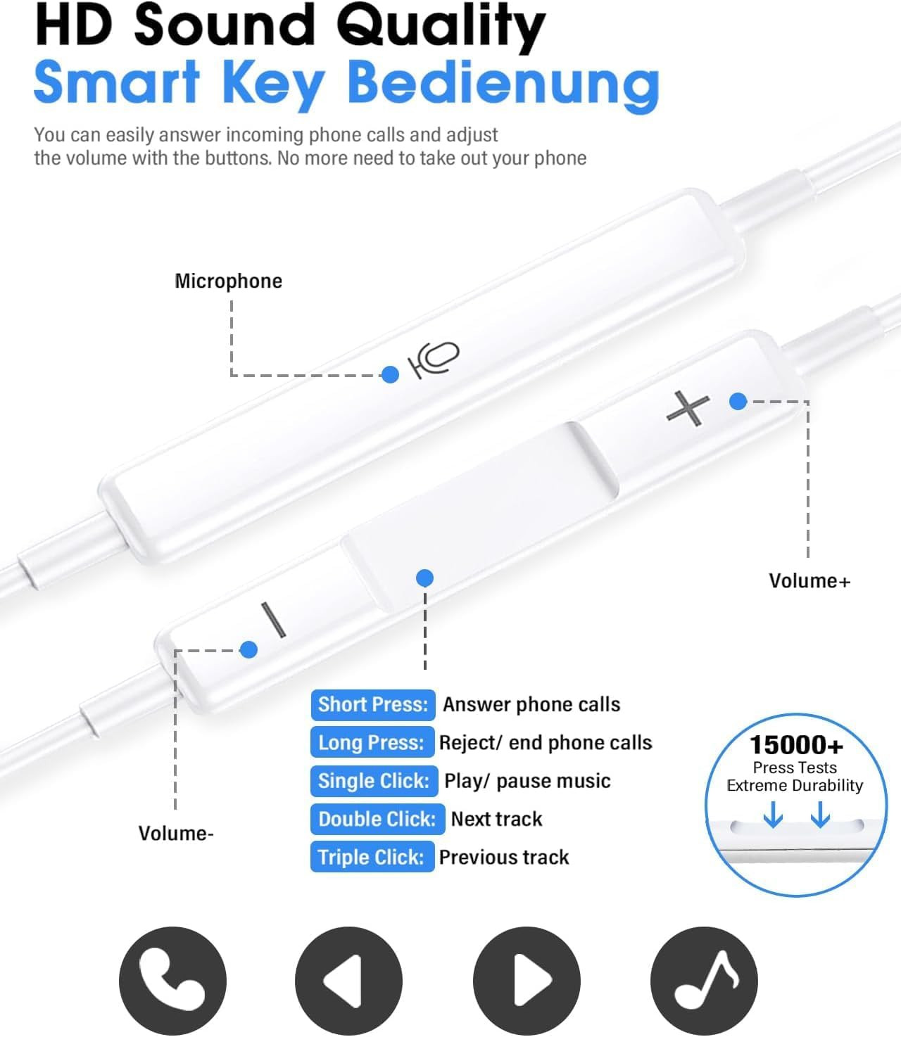 GEARZTOUCH iSHOT Wired Earphone with Powerful HD Mic for Clear Sound in-Line Volume Controller Noise Cancellation Compatible with iPhone 14131211 Pro Max XsXRX78 Plus - All iOS- White