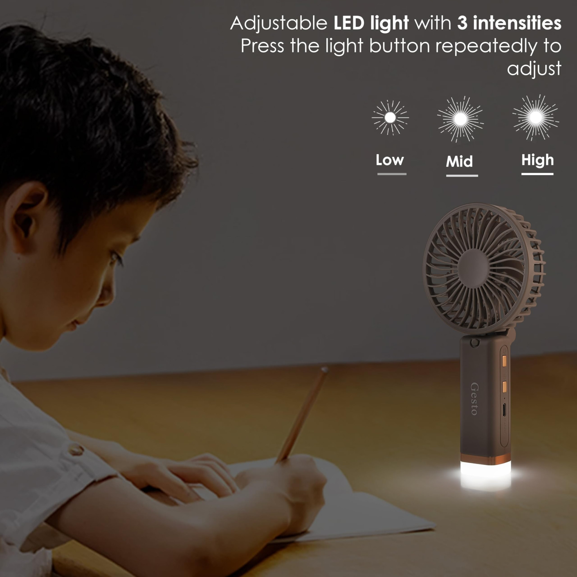 Gesto Portable Fan Rechargeable with LED Light  Foldable Mini Fan Small FanUSB Charging Hand Fan with 1200mAh Battery  3 Speed Modes  Travel Makeup KitchenWomens Personal Pankhaa - Grey