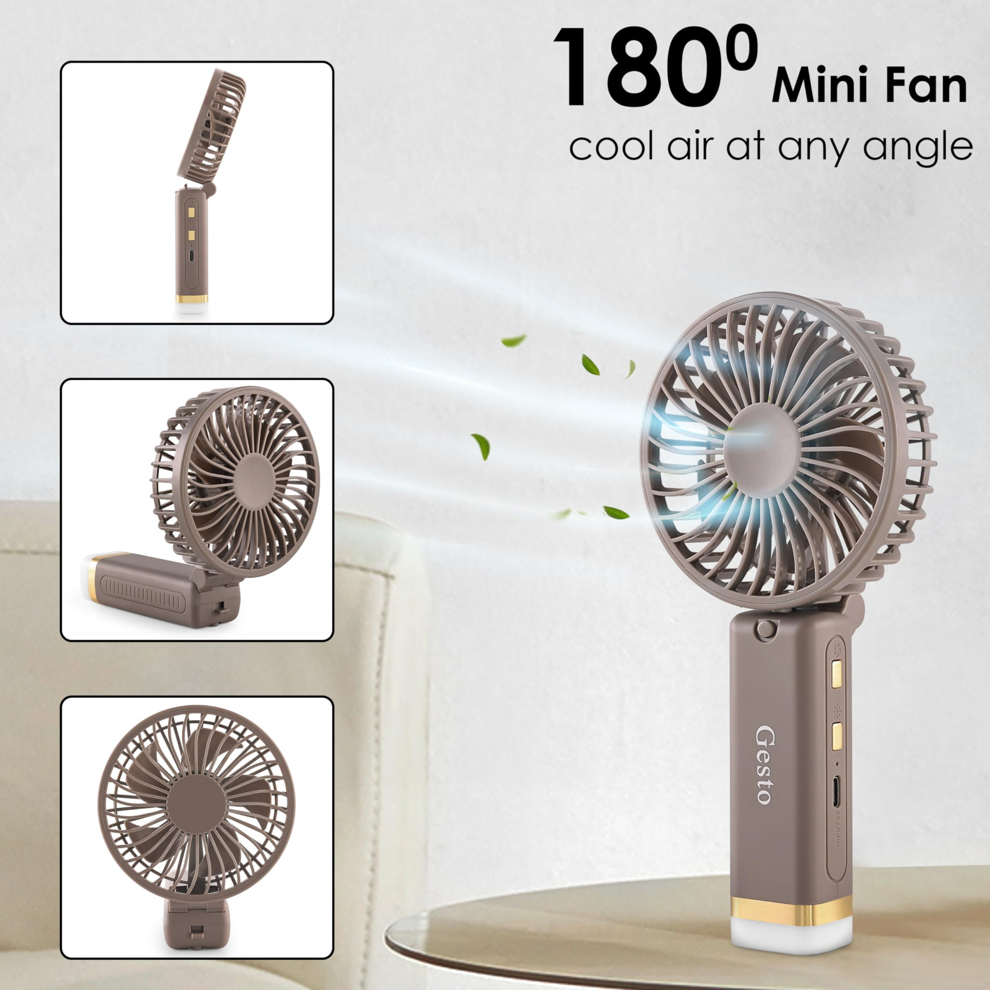 Gesto Portable Fan Rechargeable with LED Light  Foldable Mini Fan Small FanUSB Charging Hand Fan with 1200mAh Battery  3 Speed Modes  Travel Makeup KitchenWomens Personal Pankhaa - Grey