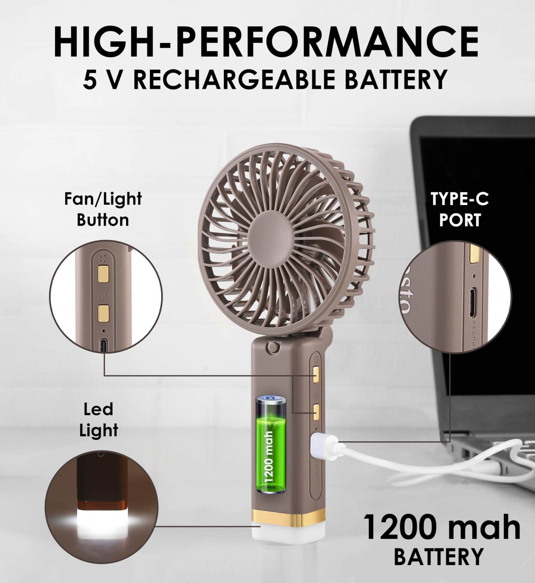 Gesto Portable Fan Rechargeable with LED Light  Foldable Mini Fan Small FanUSB Charging Hand Fan with 1200mAh Battery  3 Speed Modes  Travel Makeup KitchenWomens Personal Pankhaa - Grey