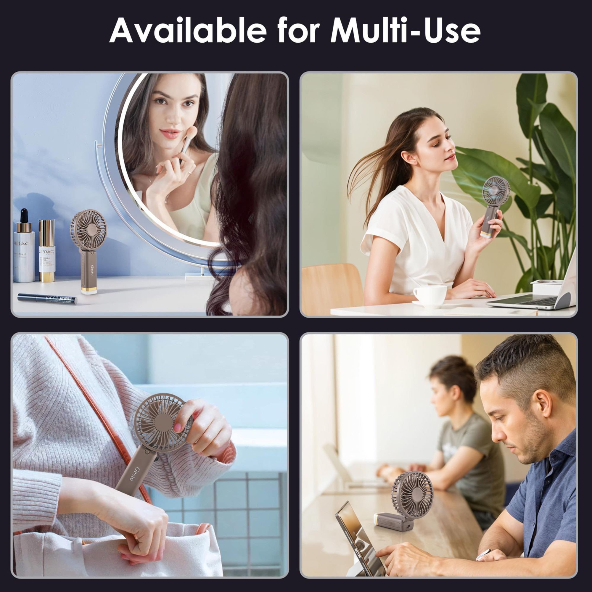 Gesto Portable Fan Rechargeable with LED Light  Foldable Mini Fan Small FanUSB Charging Hand Fan with 1200mAh Battery  3 Speed Modes  Travel Makeup KitchenWomens Personal Pankhaa - Grey