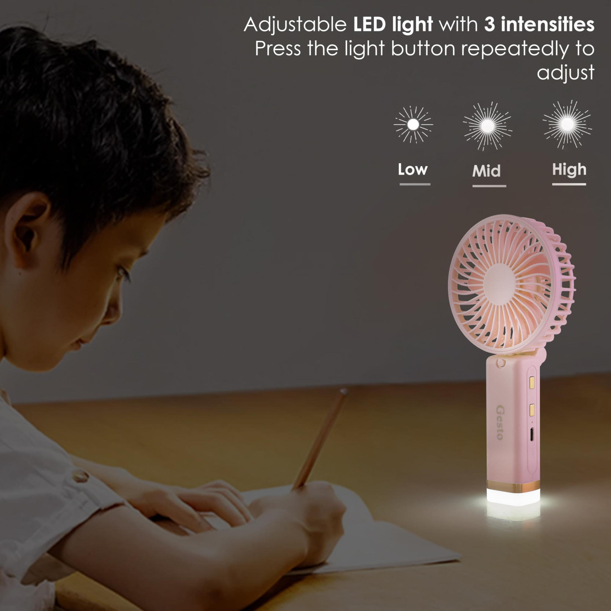 Gesto Portable Fan Rechargeable with LED Light  Foldable Mini Fan Small FanUSB Charging Hand Fan with 1200mAh Battery  3 Speed Modes  Travel Makeup KitchenWomens Personal Pankhaa - Pink
