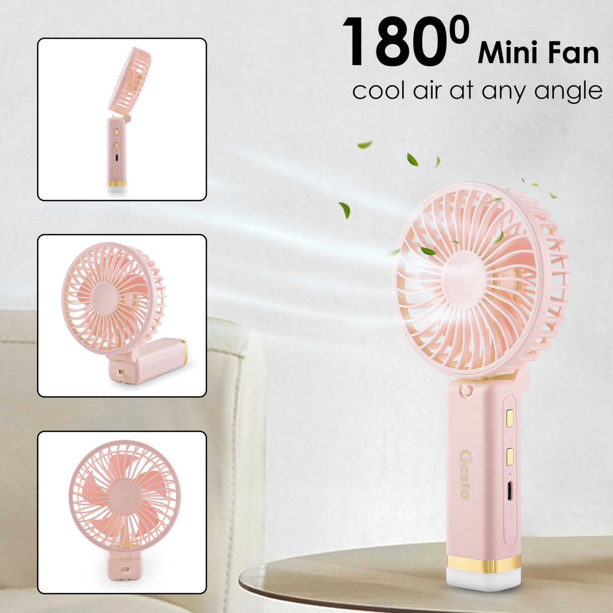 Gesto Portable Fan Rechargeable with LED Light  Foldable Mini Fan Small FanUSB Charging Hand Fan with 1200mAh Battery  3 Speed Modes  Travel Makeup KitchenWomens Personal Pankhaa - Pink