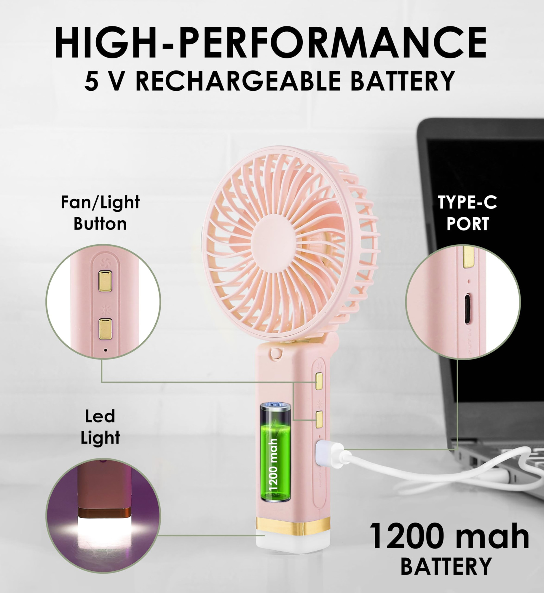 Gesto Portable Fan Rechargeable with LED Light  Foldable Mini Fan Small FanUSB Charging Hand Fan with 1200mAh Battery  3 Speed Modes  Travel Makeup KitchenWomens Personal Pankhaa - Pink