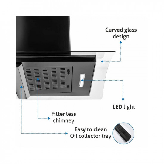 GLEN 60 cm 1050m3hr Auto-Clean curved glass Kitchen Chimney Filterless Motion Sensor Touch Controls Senza Black