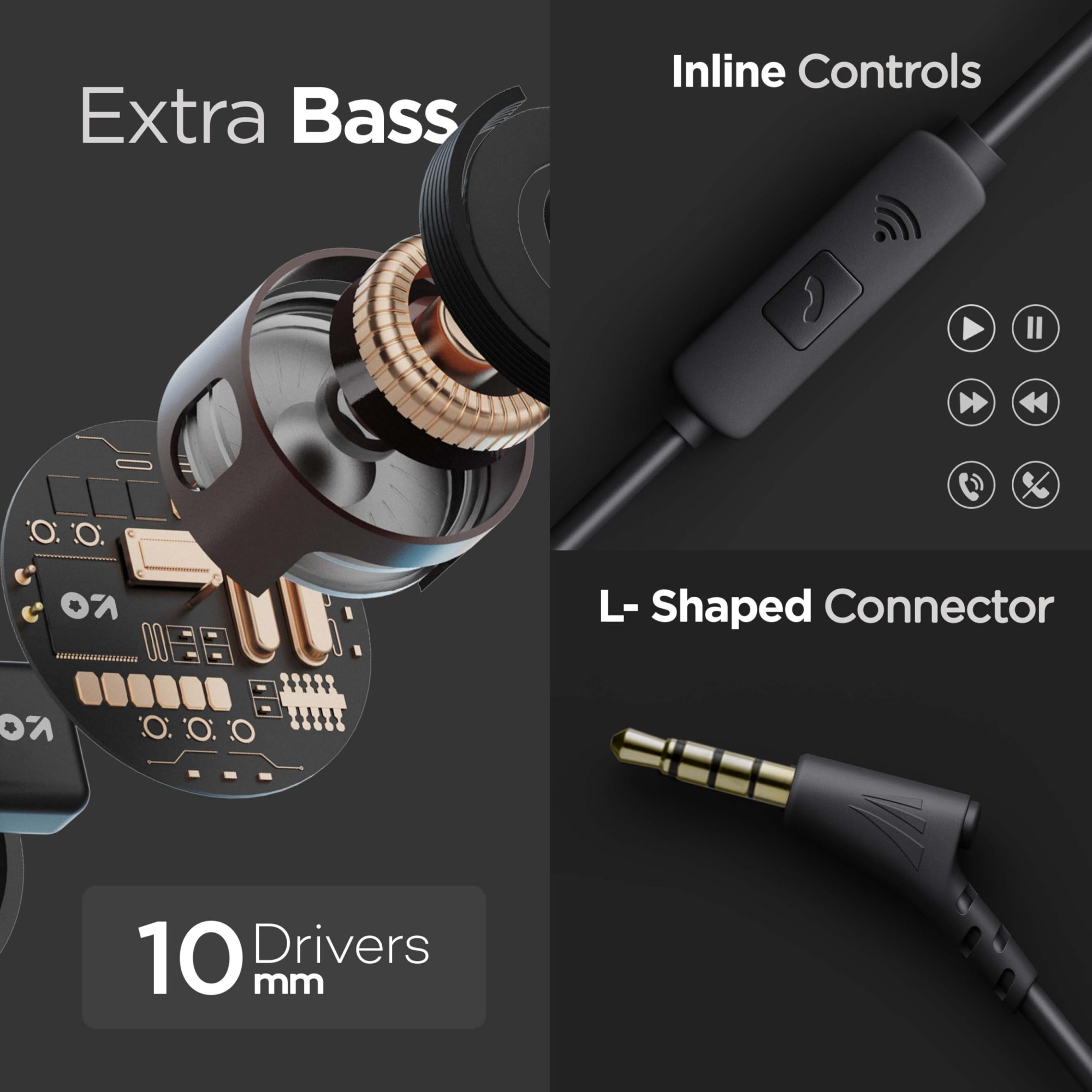 GOBOULT BassBuds X1 in-Ear Wired Earphones with 10mm Extra Bass Driver and HD Sound with mic Black