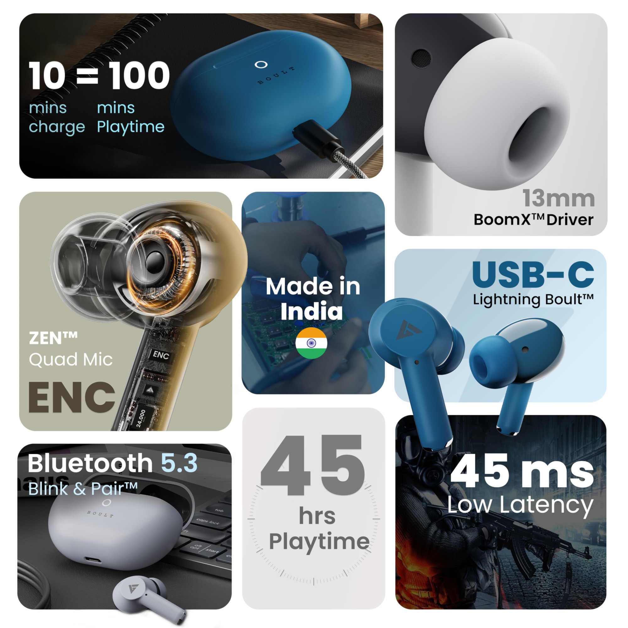 GOBOULT K40 True Wireless in Ear Earbuds with 48H Playtime Clear Calling 4 Mics 45ms Low Latency Gaming Premium Grip 13mm Bass Drivers Type-C Fast Charging BTv 53 Ear Buds TWS Ivory White