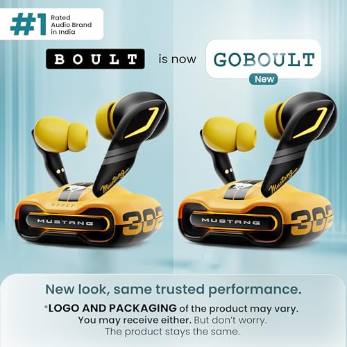 GOBOULT Mustang Torq Wireless in Ear Earbuds with 60H Playtime App Support Quad Mic ENC 45ms Low Latency 13mm Driver Breathing LEDsTouch Controls Made in India IPX5 Ear buds Wireless Yellow